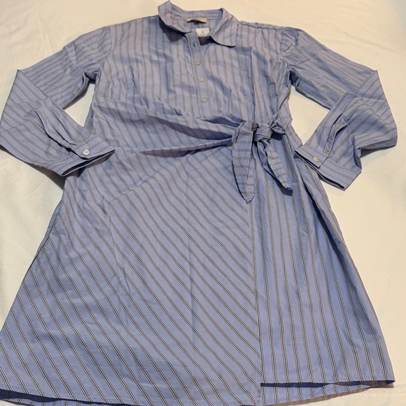 LOFT Dresses & Skirts - LOFT Light Blue Striped Half Button-Up Shirt  Dress size 6 NWT Cotton